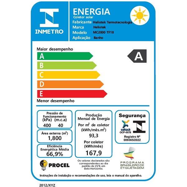 etiqueta inmetro de coletor solar MC 1300 TF18